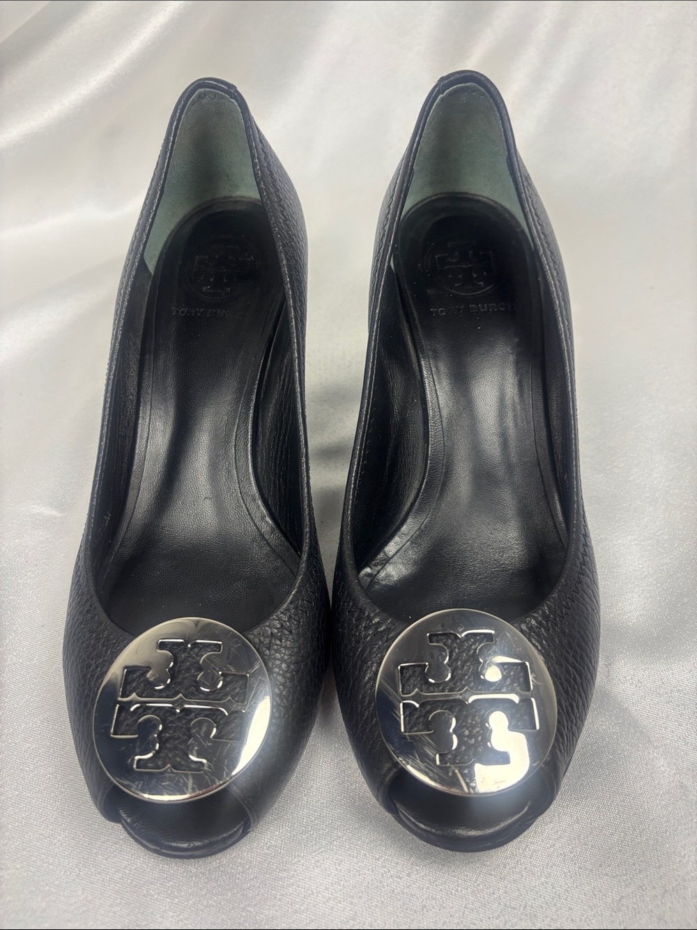 Tory Burch Black Leather Peep-Toe Wedges with Silver Logo Medallion